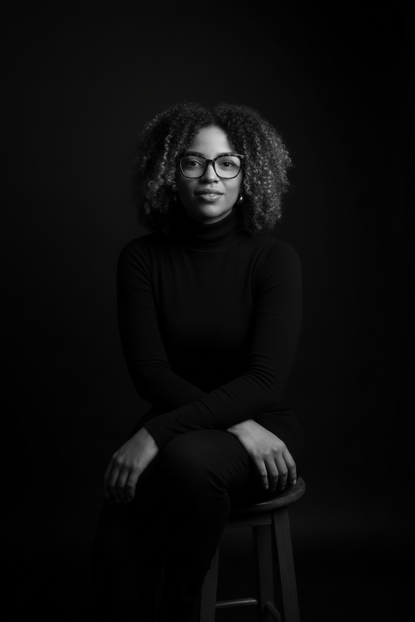 Black-and-white portrait of Aline Camargo